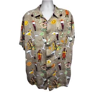 Mens Vintage Hawaiian Aloha Tiki Hula Girls Cocktails Button Up Shirt 2XL Pocket